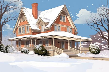 tan dutch colonial, its flared eave against a snow-laden lawn, magazine style illustrationの素材