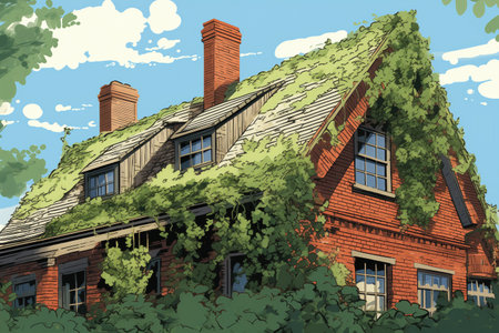 brick dutch colonials flared eave surrounded by foliage, magazine style illustrationの素材