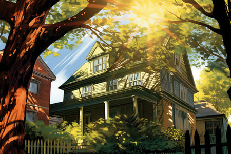 dutch colonials flared eave, sunlight filtering through leafy trees, magazine style illustrationの素材