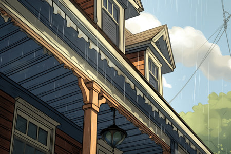 closeup, dutch colonial flared eave corners, rain droplets, magazine style illustrationの素材