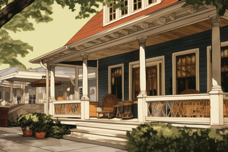 flared eave of a dutch colonial, porch visible beneath, magazine style illustrationの素材