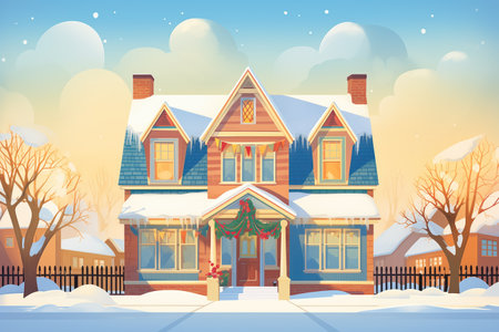 a snow-covered dutch colonial house with a front gable at dawn, magazine style illustrationの素材