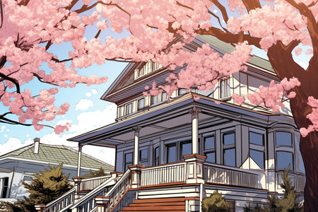 dutch colonial, flared eave, cherry blossom tree in foreground, magazine style illustrationの素材