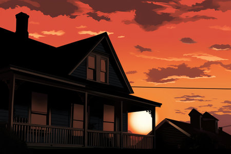 dutch colonial, flared eave silhouette against sunset, magazine style illustrationの素材