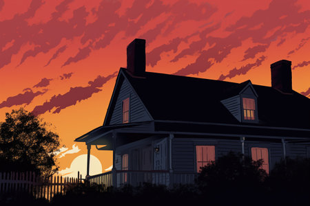 dutch colonial, flared eave silhouette against sunset, magazine style illustrationの素材