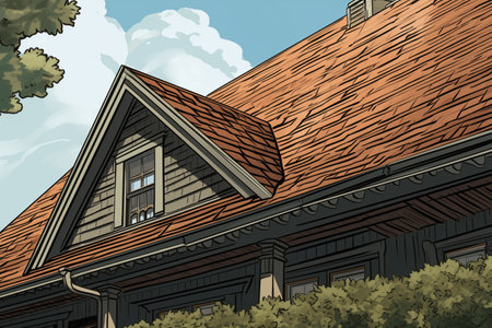 close-up of a flared eave, wooden shingles of a dutch colonial, magazine style illustrationの素材