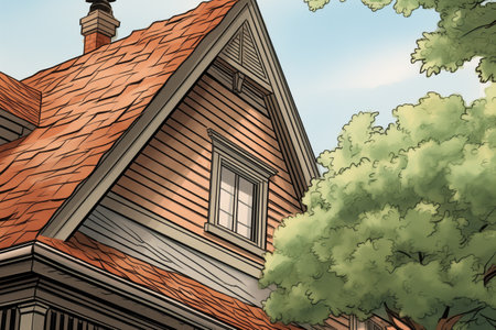close-up of a flared eave, wooden shingles of a dutch colonial, magazine style illustrationの素材