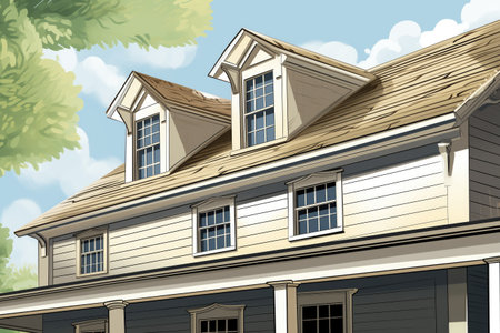 close-up of flared eaves on ivory dutch colonial house, magazine style illustrationの素材