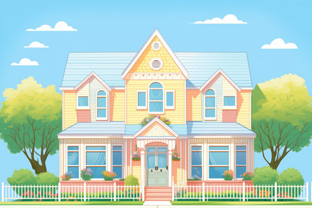 pastel colored dutch colonial house against a clear blue sky, magazine style illustrationの素材
