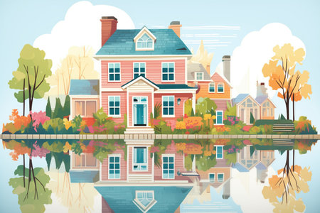 dutch colonial house reflecting in a nearby pond, magazine style illustrationの素材