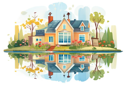 dutch colonial house reflecting in a nearby pond, magazine style illustrationの素材