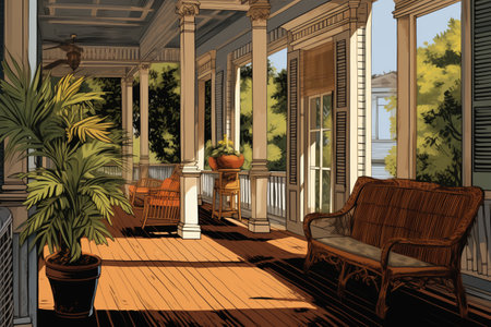 detailed pillar shot of the dutch colonial porch, magazine style illustrationの素材