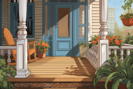 close-up shot of dutch colonial house front porch, magazine style illustrationの素材