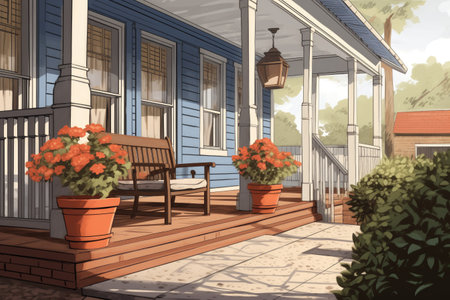 close-up shot of dutch colonial house front porch, magazine style illustrationの素材