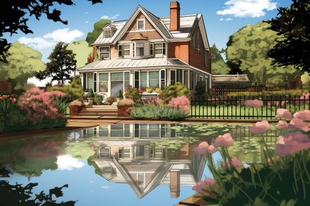 dutch colonial house reflecting in a nearby pond, magazine style illustrationの素材
