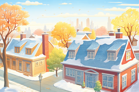 morning frost on a dutch colonial house roof, magazine style illustrationの素材