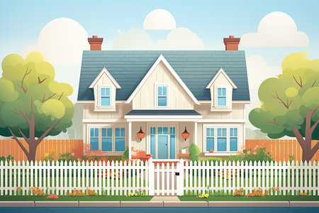 dutch colonial house with white fence around, magazine style illustrationの素材