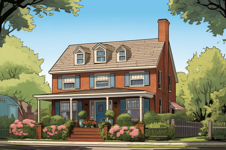 dutch colonial brick house with gambrel roof, magazine style illustrationの素材