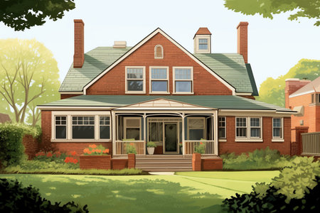 dutch colonial brick house with gambrel roof, magazine style illustrationの素材