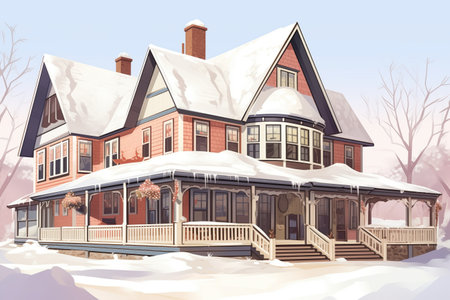 dutch colonial house with gambrel roof under the snowy winter, magazine style illustrationの素材