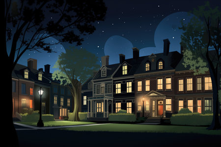 night view of dutch colonial architecture, magazine style illustrationの素材