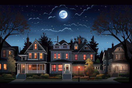 night view of dutch colonial architecture, magazine style illustrationの素材