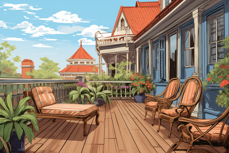 dutch colonial house terrace overview, magazine style illustrationの素材