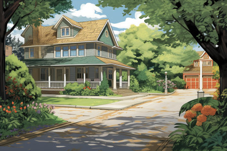 dutch colonial house driveway view, magazine style illustrationの素材
