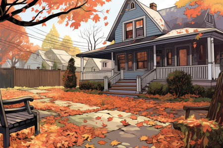 fall leaves on a dutch colonial home yard, magazine style illustrationの素材