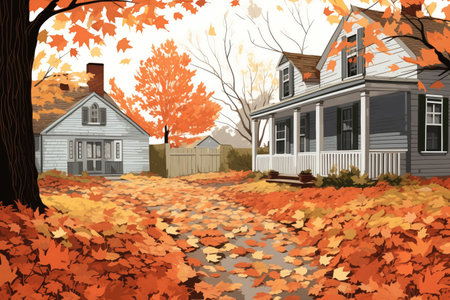 fall leaves on a dutch colonial home yard, magazine style illustrationの素材