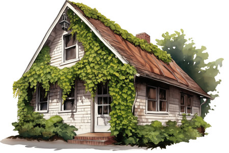 gambrel roof with climbing ivy, magazine style illustrationの素材