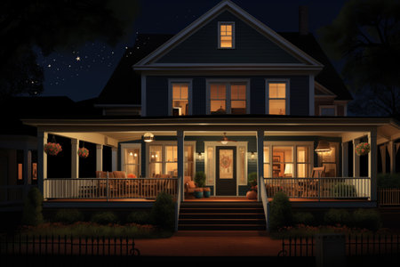 night view of a dutch colonial house with porch lights on, magazine style illustrationの素材