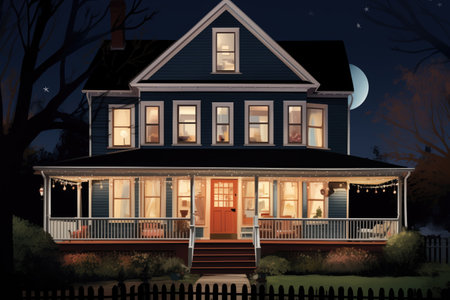 night view of a dutch colonial house with porch lights on, magazine style illustrationの素材