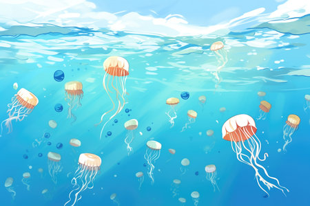 a swarm of jellyfish in crystal-clear ocean waterの素材