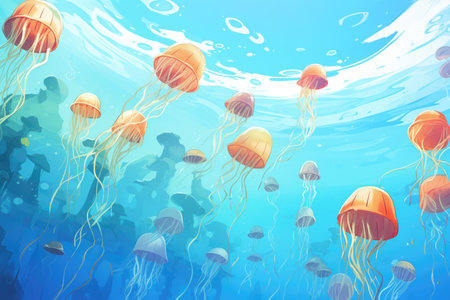 a swarm of jellyfish in crystal-clear ocean waterの素材