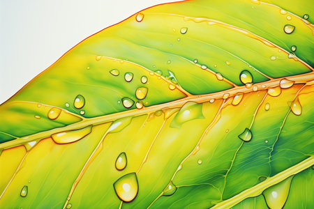 a close-up of a green leaf with water dropletsの素材