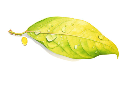 a close-up of a green leaf with water dropletsの素材