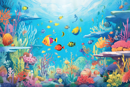a vibrant coral reef populated with diverse marine lifeの素材