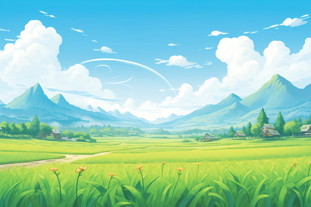 a panoramic shot of a lush green rice fieldの素材