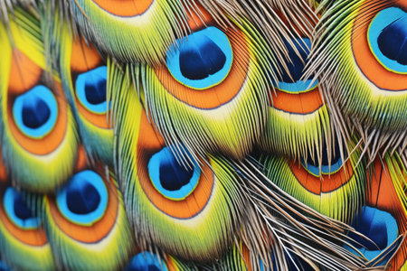 a close-up shot of a peacocks beautiful tail feathersの素材