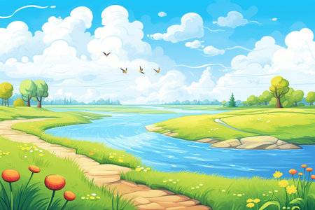 a wide river through a vibrant grassy plainの素材