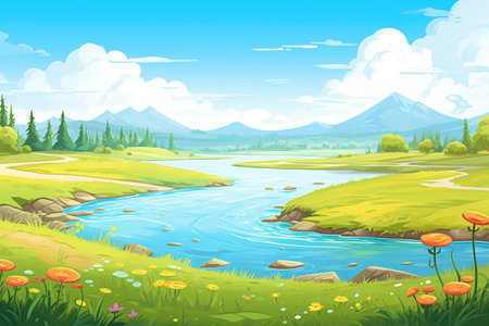 a wide river through a vibrant grassy plainの素材