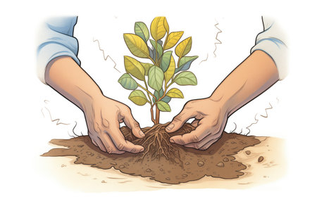 hand planting tree sapling in soilの素材