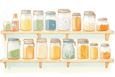 glass jars of bulk grains in a zero waste storeの素材