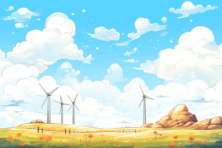 wind turbines on a barren landscape with clear blue skyの素材