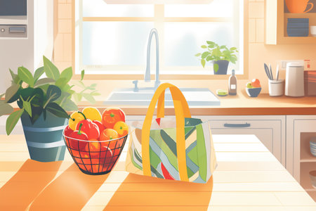 woven shopping bag filled with fresh produce on a kitchen tableの素材