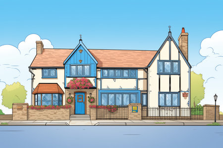 extended tudor with a contrasting modern annex and a blue sky backdrop, magazine style illustrationの素材