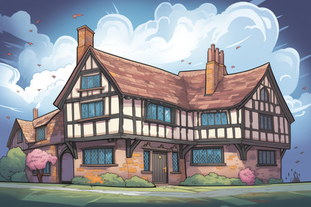 extended tudor with modern annex under stormy sky, magazine style illustrationの素材