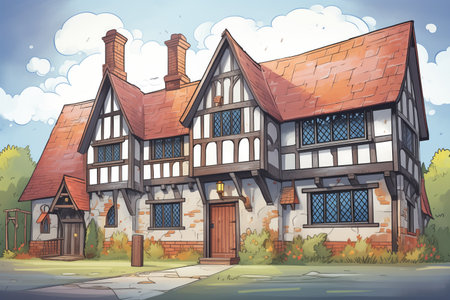 extended tudor with modern annex under stormy sky, magazine style illustrationの素材