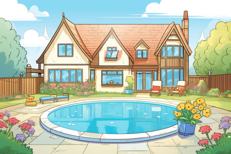 extended tudor with stunning pool in backyard, magazine style illustrationの素材
